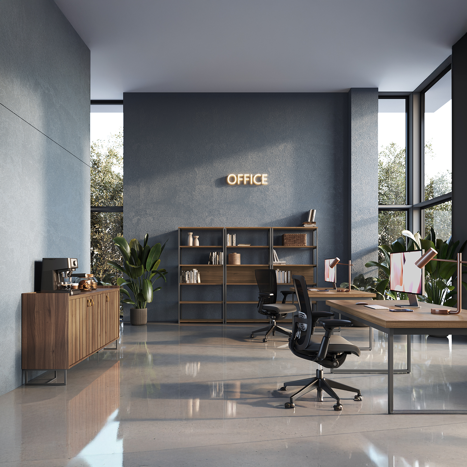 Ambiente integrado com mesa, estante Oxford e aparador Trend